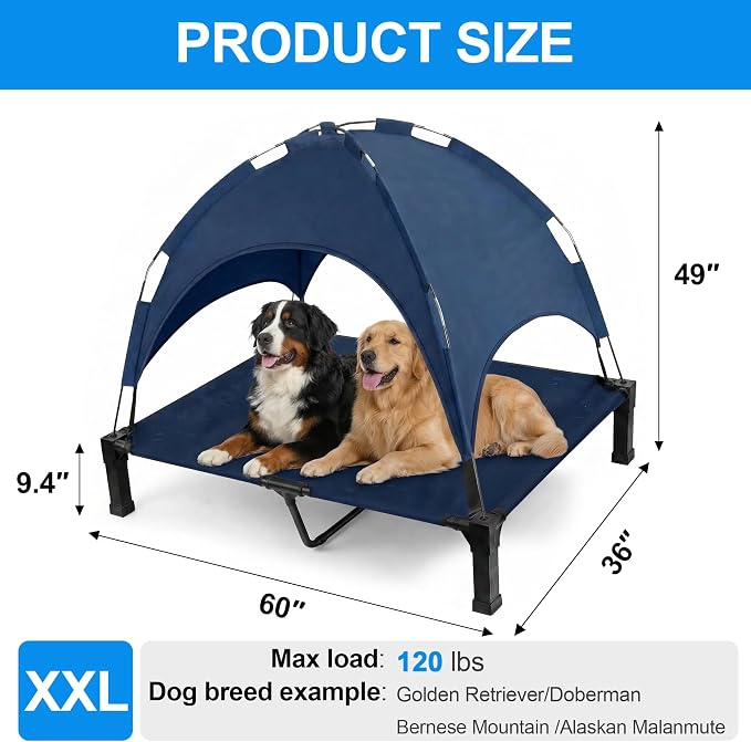 Elevated Dog Bed with Canopy Raised Pet Cot for Large Dogs, Outdoor Dog Cot with Removable Sun Shade Tent, Breathable Mesh Portable Dogs Cot for Camping, Beach, Backyard, Outdoor Use