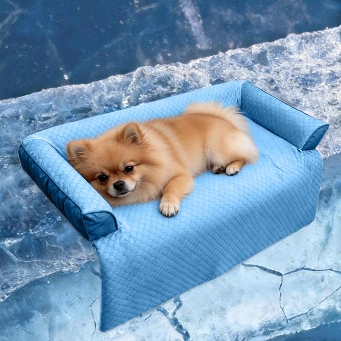 GGIB Cooling Dog Bed Mat with Bolster Pillow Washable Dog Couch Cover Breathable Summer Pet Couch Bed Protector Indoor(Small, Cooling Blue)