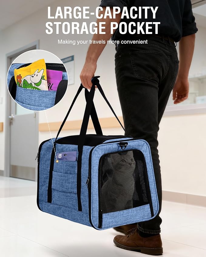 PETUX Large Pet Carrier for Large Cats up to 20 lb for Travel | Top & Side Entry, 4 Side Breathable, Foldable Soft Cat Travel Carrier with Safety Car Seat Buckle & Anti-Scratch Mesh, Blue