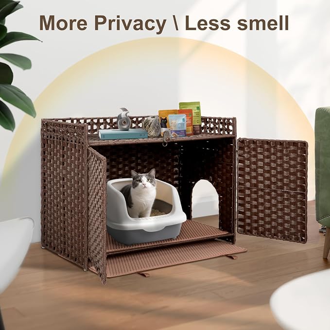 Hidden Cat Litter Box Furniture Enclosure – Handwoven Rattan Pet House with Removable Mat, Large Indoor Cat Litter Box with Elevated Metal Feet (30.3x18.2x24.5in), Modern Design for Living Room,Brown