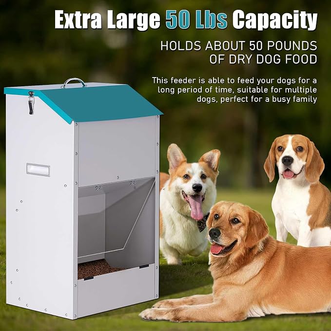 50Lbs Large Capacity Automatic Dog Feeder Large Breed | Galvanized Metal Gravity Self Feeding Dog Food Dispenser Extra Large Automatic Pet Feeder, for Indoor or Outdoor Use