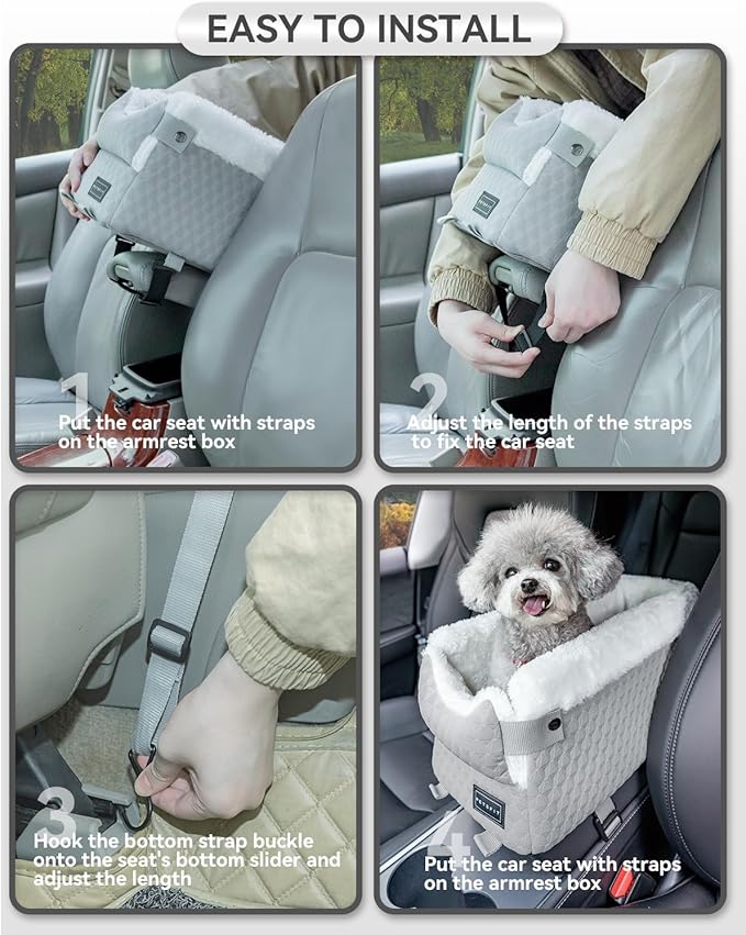 PETSFIT Small Dog Car Seat with Washable Cushion, Soft Pillow, Safety Leash | Dual Seat-rail Hooks with Adjustable Straps Help Reduce Shifting, Console Dog Car Seat for pets Under 8 lbs, Light Grey