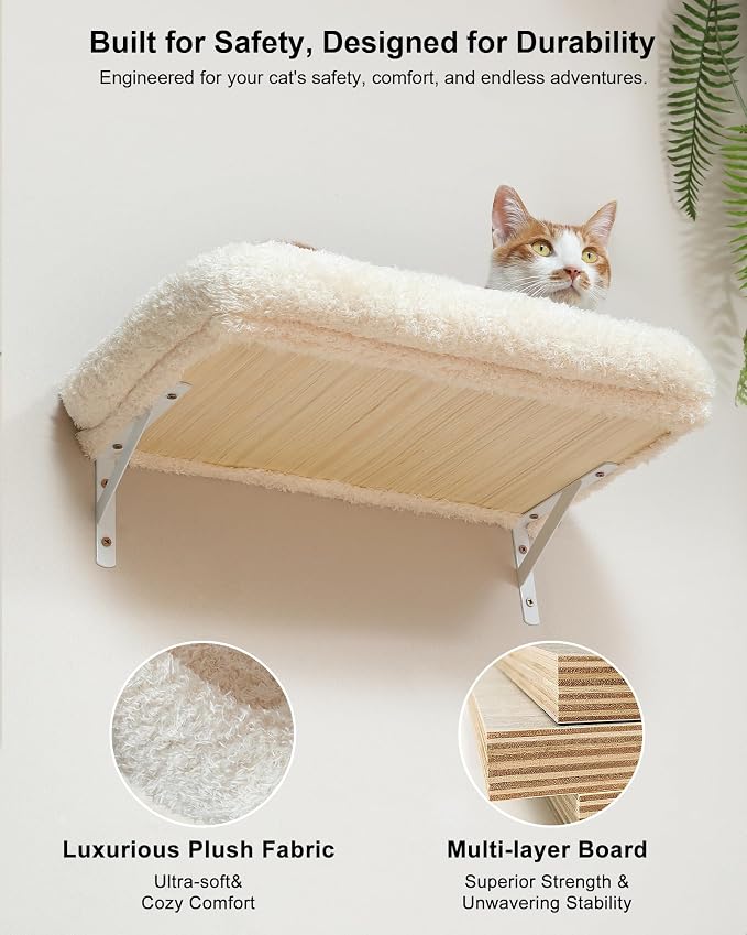 FUKUMARU Cat Wall Shelves, Stable & Safe 7 in 1 Cat Furniture Set, Wooden Climbing Wall with Scratching Post for 16 Inch Drywall - Beige