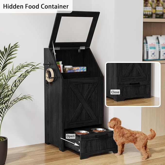Black Dog Feeding Station with Storage & Bowls | Pet food cabinet, 2 elevated bowls, 3 hooks, glass flip cover, anti-tipping device, for dogs.