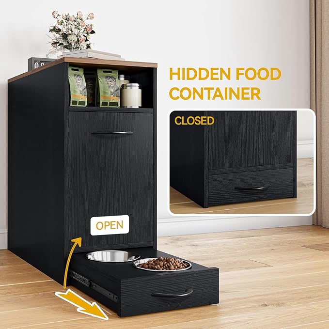 DWVO Dog Feeding Station with Storage & 2 Feeder Bowls | Dog Food Cabinet Pull Out Elevated Dogs Bowl, Black