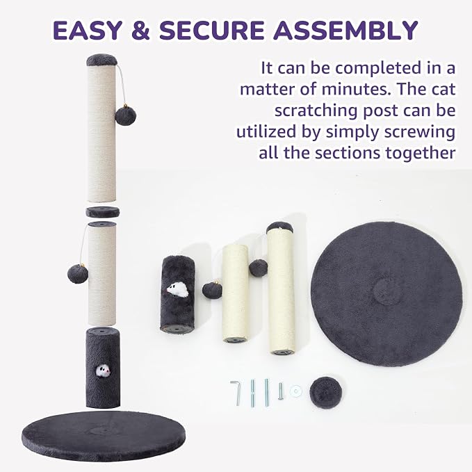 Woochpet 33'' Tall Cat Scratching Post for Adults Cats, Sturdy Large Scratch Pole with Hanging Ball with Fun Mouse Hole, Scratching Posts for Indoor with Durable Natural Sisal Rope (Darkgrey)