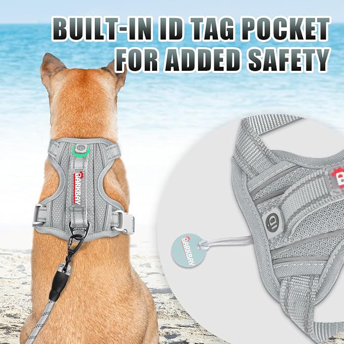 BARKBAY No Pull Dog Harness Large Reflective Dog Harness with Front Clip and Easy Control Handle for Walking Training Running with ID tag Pocket(Grey,XS)
