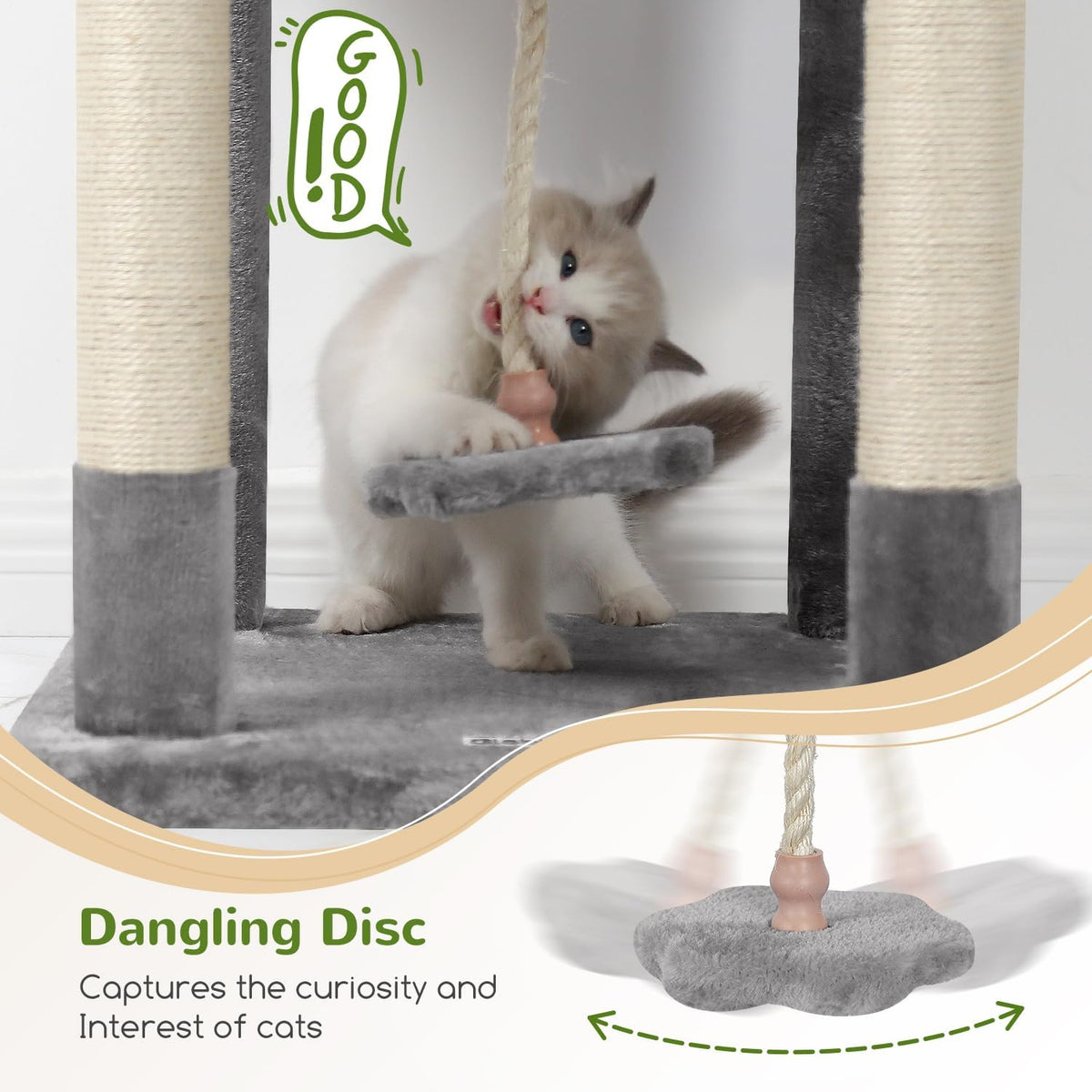 Globlazer Cat Tree, 70 inch Tall Scratching Tower Multi-Level Cat Condo for Indoor Multiple Cats with 2 Large Cat Caves, Top Perch, Large Platform, Bottom Swing, F70B, Light Grey