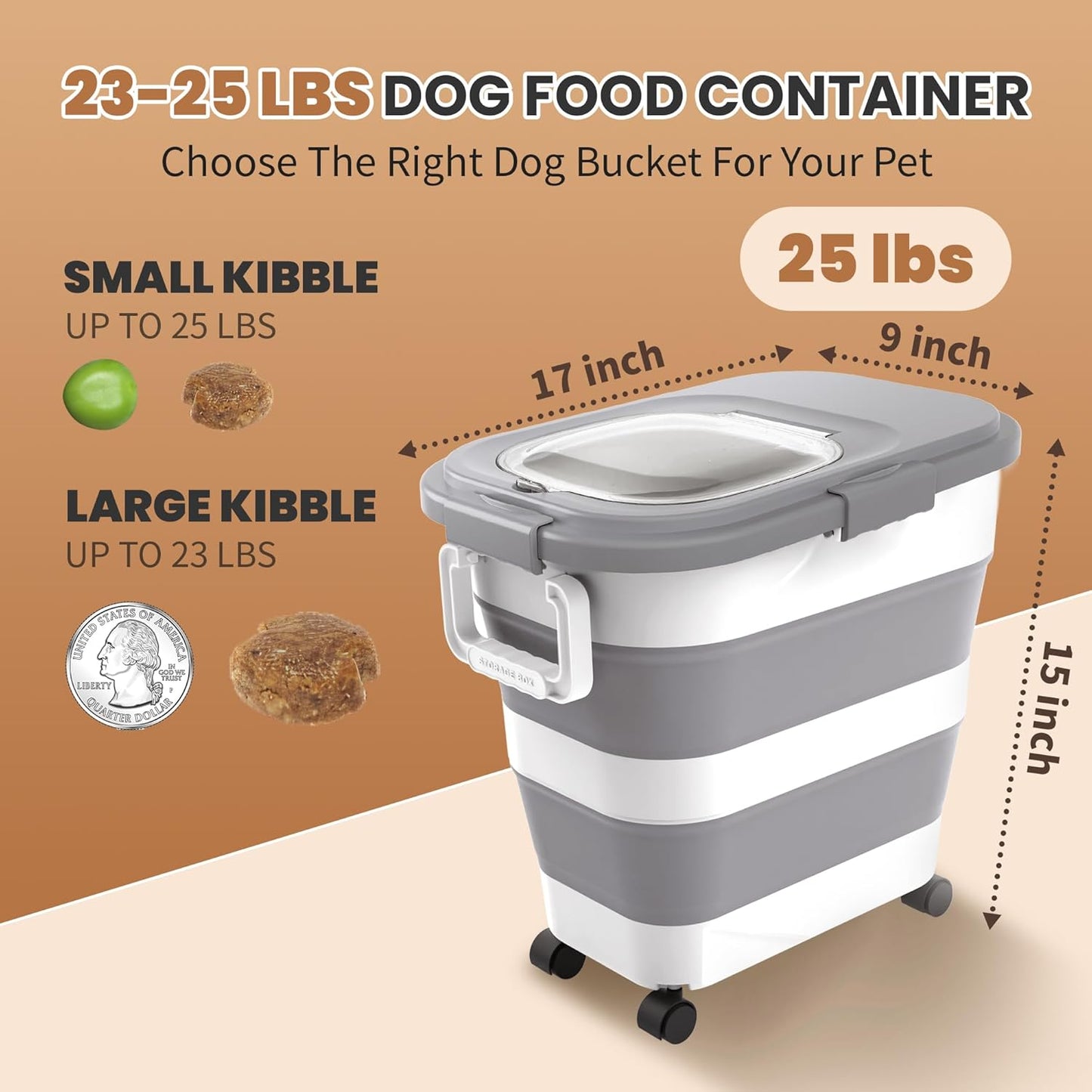 23-25 Lbs Airtight Dog Food Storage Container,Collapsible Dog Food Container with Lid,Wheels,Handle,Large Pet food storage Container with Scoop,Small Food Container for Dog Cat