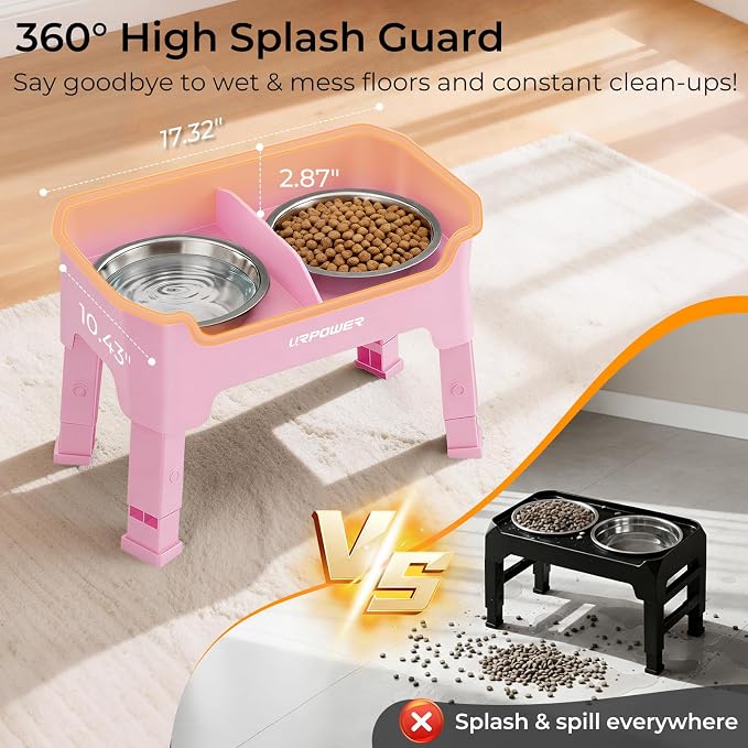 URPOWER Mess Proof Elevated Dog Bowls, Splash Guard Raised Bowl Stand | 4 Adjustable Heights, 2 Stainless Steel Bowls, Food & Water Separation, Foldable Design Non-Slip for Small Medium Large Dogs