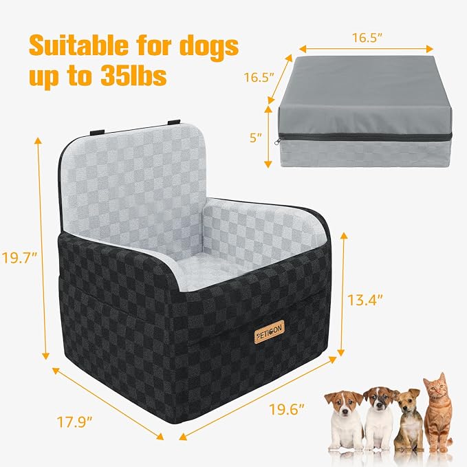 PETICON Waterproof Dog Car Seat for Small Medium Dogs, 5in Memory Foam | Pet Booster Seat for Dogs up to 35 lbs with Pockets, Detachable Washable Pet Carseat with Y-Shape Safety Belt