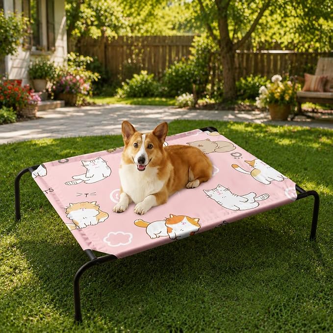 Kawaii Cat Pattern Orthopedic Elevated Dog Pet Bed(47"X31"X9"),with Metal Frame,Printing Breathable Waterproof Dog Kennel,Sleeping Bed Set for Small Medium Large Dogs Cats,for Home,Outdoor Use
