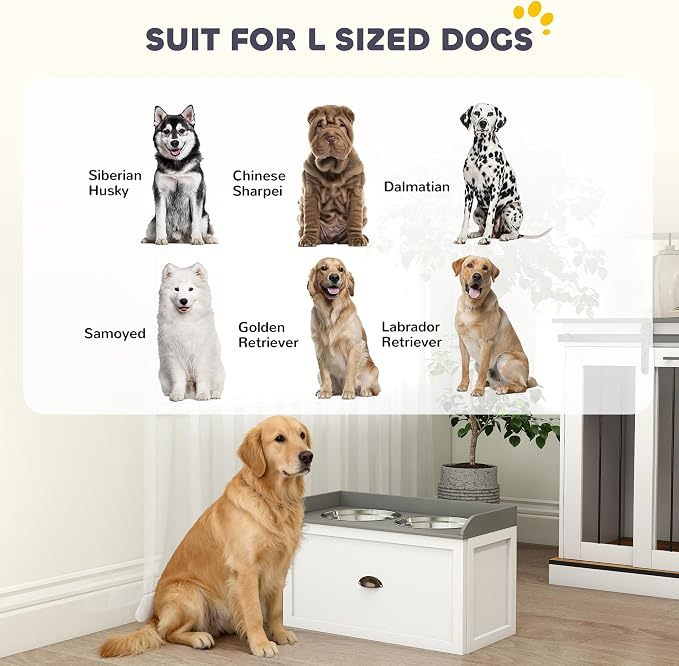 PawHut Dog Feeding Station with Drawer Dog Food Storage Cabinet White | 2 Removable Elevated Pet Bowls, for Large Sized Breeds