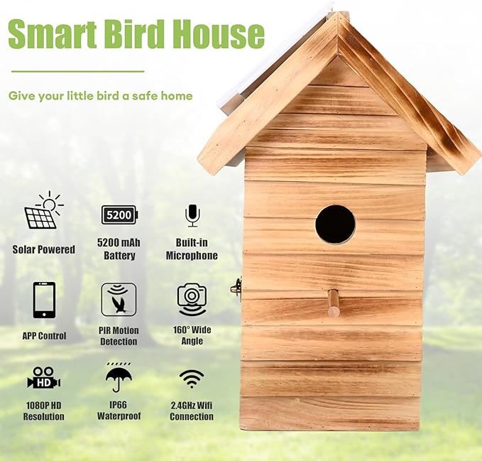 Smart Bird House with Camera, 2.4G WiFi & App Alerts, 160° Wide View 1080P HD Wireless Birdhouse, Auto Capture Bird Video & Motion Detection, Smart Bird House Camera Solar Powered (Dark, Normal)