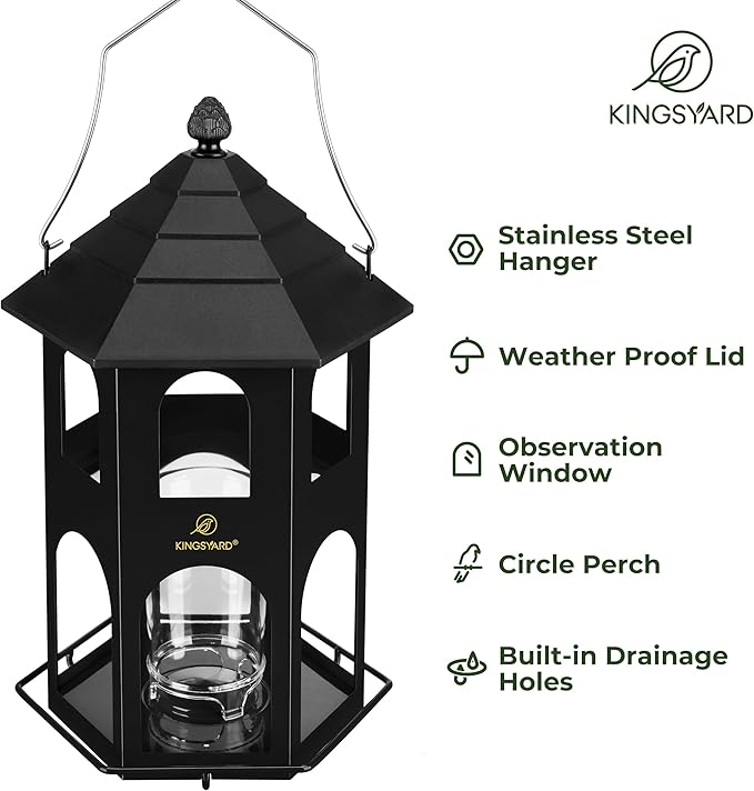 Kingsyard Metal Bird Feeder for Outdoor Hanging, Wild Bird Feeders with Circular Perch, Easy to Clean & Refill, 4 lbs Large Seed Capacity, Black