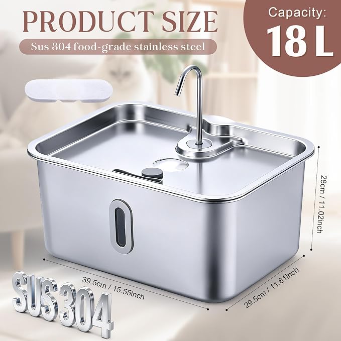 18L/4.76 Gal Extra Large Dog Water Fountain Stainless Steel Quiet Pet Automatic Water Fountain for Large Dogs with Deeper Wider Drinking Bowl and Visible Level Window for Multi-pet Household