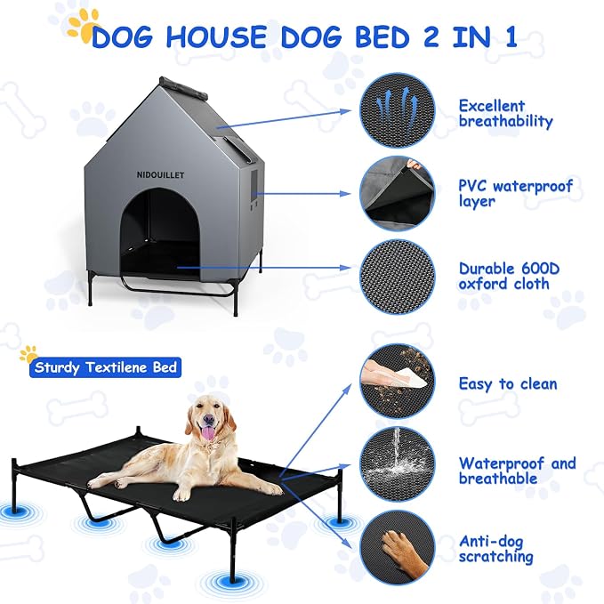 Dog House Outdoor Large Dog House 48 Inch Weatherproof Kennel with Bed | Windproof Waterproof Easy Wipe Clean, 200Lbs Capacity, Sturdy 600D PVC Construction Ideal Outdoor Shelter For Large Dogs