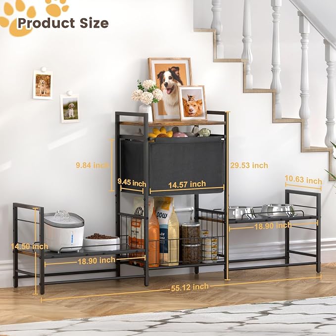 Lomivra Dog Feeding Station with 2 Elevated Bowl Stands & Large Storage | For 2-3 Dogs, 4 Adjustable Bowl Heights, Fit Large Medium Small Dogs, Fit All Bowl Types, Pull-Out Toy Bin, Dog Food Storage