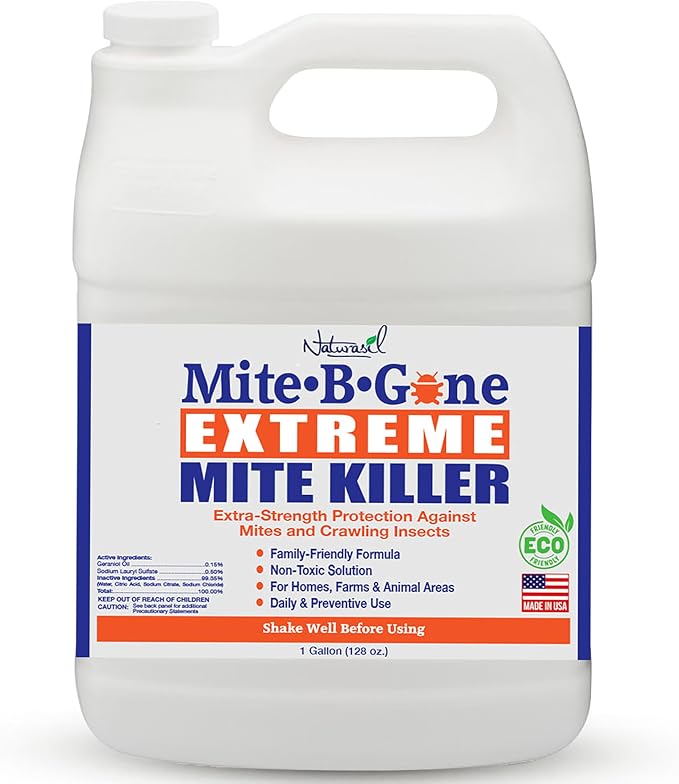 Mite-B-Gone Extreme Mite Killer Spray – 1 Gallon (128 oz) | Extra-Strength Plant-Based Formula | Safe for Homes, Pets & Livestock Areas | for Coops, Barns, Bedding & Carpets