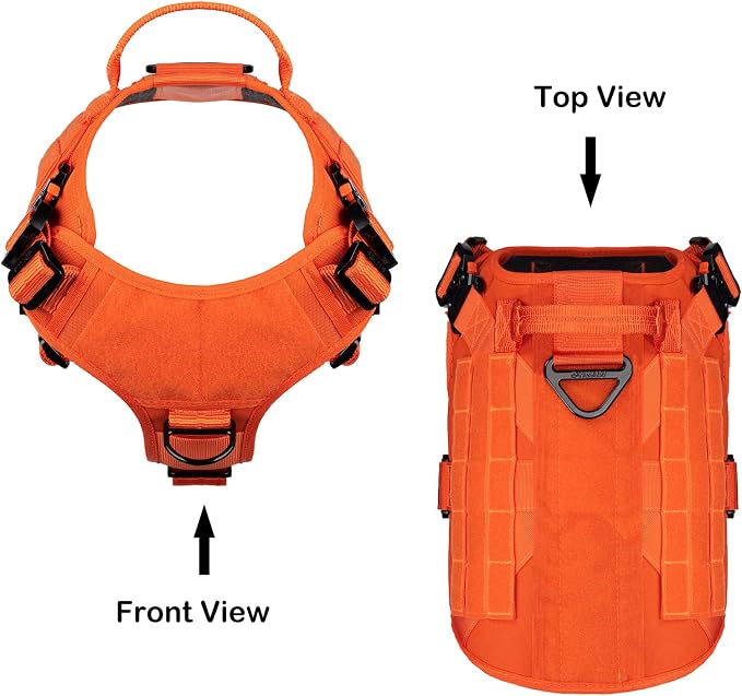 ICEFANG Tactical Dog Harness for Large Dogs,Full Metal Buckles Dog Vest | with MOLLE, Reflective,Adjustable,2 Leash Clips,Control Handle,No Pull,Soft Padded,Orange,Large
