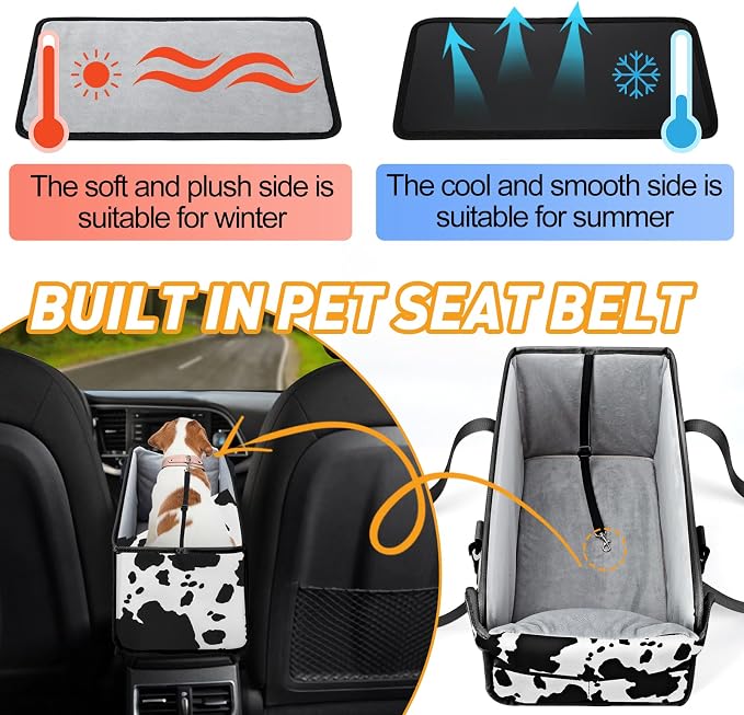 Portable Dog Car Seat for Small Dogs, Puppy Car Seat, Cow Pattern | Booster Seat With Safety Leash & Adjustable Straps Keeps Small Dogs Secure. Removable Washable Cushion. Fits Most Cars.
