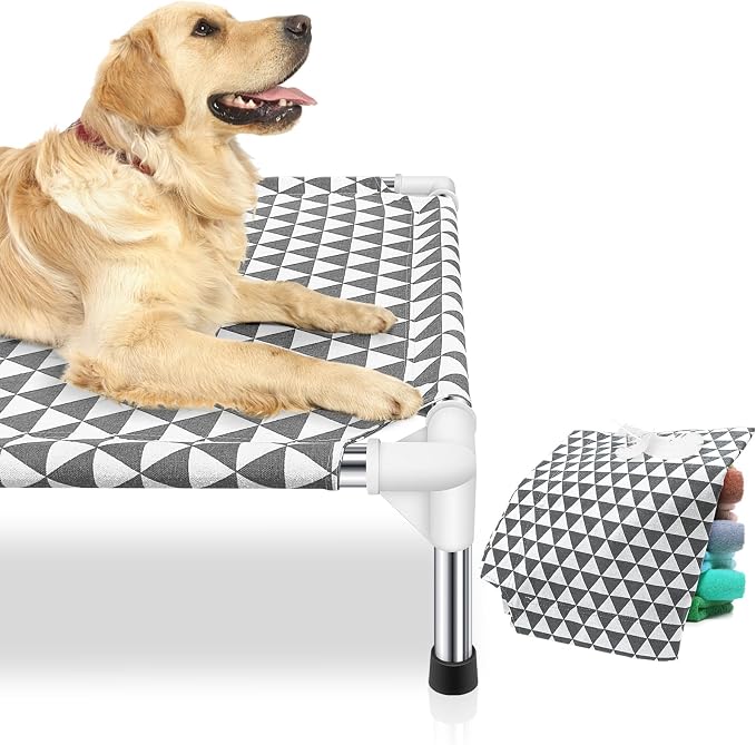 Kuntrust Elevated Outdoor Dog Bed, Large Size, Fits up to 100lbs | Breathable Fabric, Dual-Layer Cotton, Stainless Steel Frame, Anti-Slip Feet