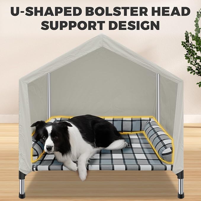 Elevated Dog Bed House with Canopy & Bolster, 2-in-1 Outdoor Raised Dog Cot | Weatherproof Cooling Indoor Pet Cot with Pillow, Portable Tent Dog Cot with Stainless Steel Frame & Sunshade Fabric