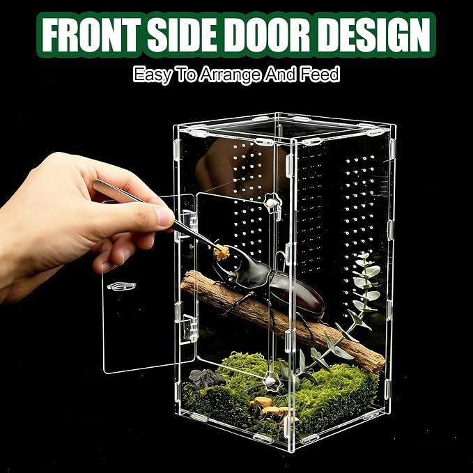 Acrylic Jumping Spider Enclosure, Reptile Terrarium Enclosure with Front Opening Door, 5.91×5.91×11.88 Inch Reptiles Habitat Tank Breeding Box for Tarantula Insect Snake Lizard