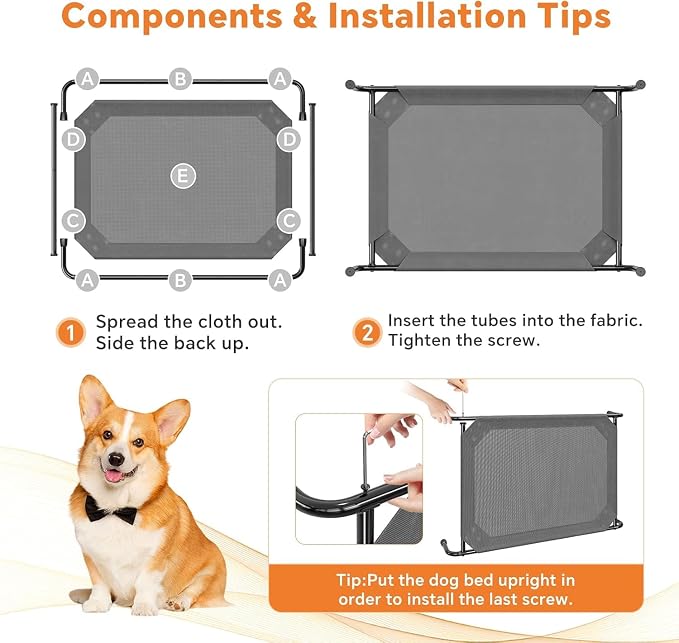 Simple Trending Raised Dog Bed for Large Dogs, Waterproof Elevated Dog Cot | Cooling Breathable Pet Hammock Bed, Washable Mesh, Indoor or Outdoor Use, Anti-Slip Feet, Portable, 47.75" x 30.5", Dark Grey