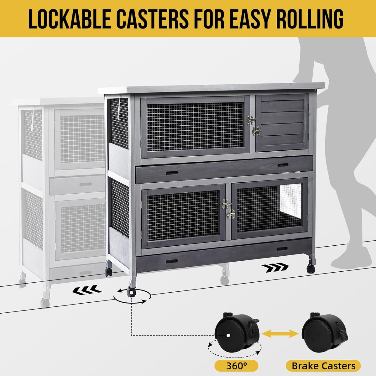 Rabbit Hutch Bunny Cage Indoor Outdoor with Wheel Deeper Tray Chew Proof Guinea Pig Cages 2 Decks Large Rabbit House with 4 Wooden Doors Weatherproof 41.3" L*17.3" W*41.3" H