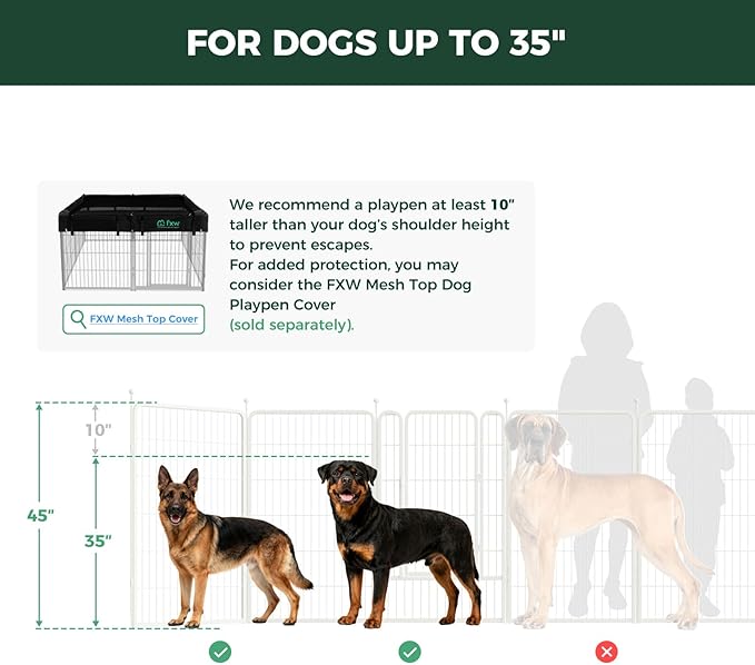 FXW Rollick Unleashed Dog Playpen for Indoor, Yard, RV Camping, 45 inch 8 Panels for Large Dogs, White│Patented