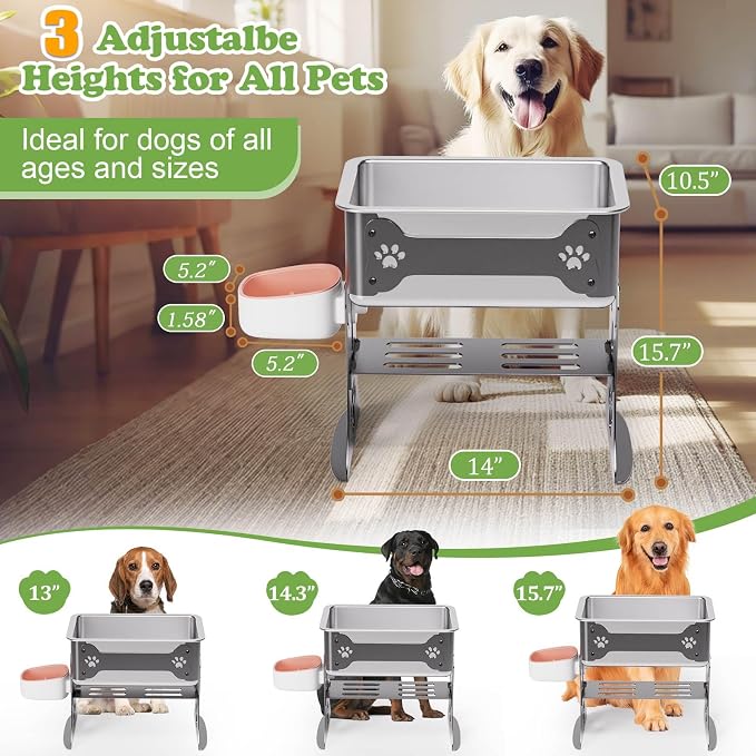 3 Gallon Elevated Dog Bowl Large Breed Raised Dog Water Bowl Stand,3 Height Adjustable Stainless Steel Pet Feeder Station with Anti-Slip Mat,Black Pet Bowl for Relief Joint Pressure,Easy Clean