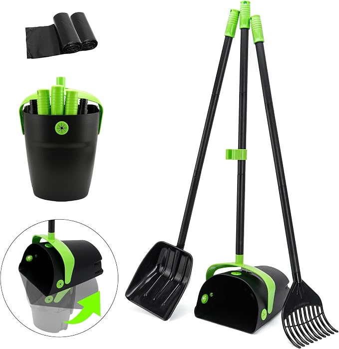 Pooper Scooper Swivel Bin & Rake & Spade Kit with Waste Bags, Max 50" Long Handle Adjustable Portable Non-Breakable for Large Medium Small Dogs, Dry and Wet Poop，Lawn Yard Dog Kennel