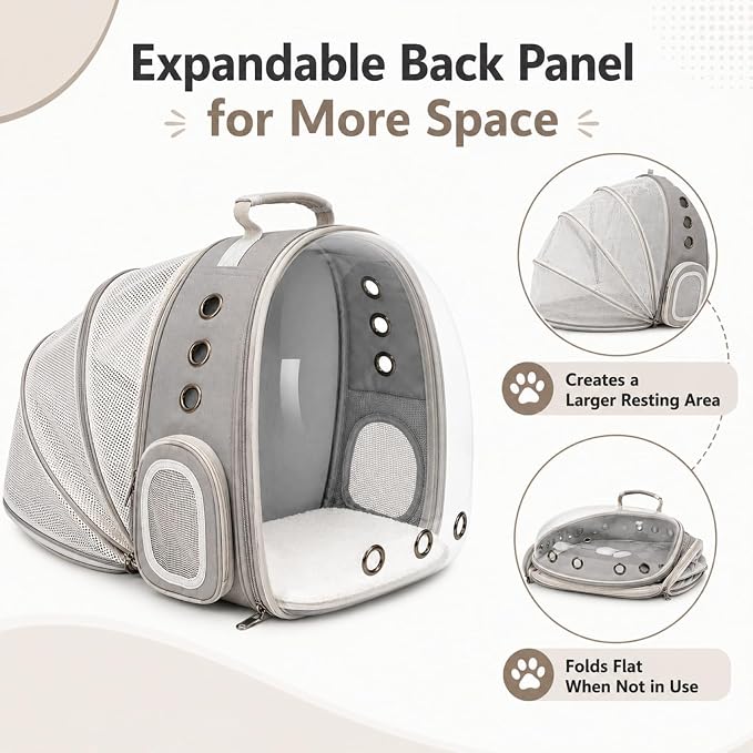 Expandable Cat Carrier Backpack for Cats & Dogs, Bubble Window Pet Travel Backpack with Breathable Mesh, Anti-Collapse Structure, Side Door, Safety Leash, for Vet Visits, Hiking, Outdoor, Grey