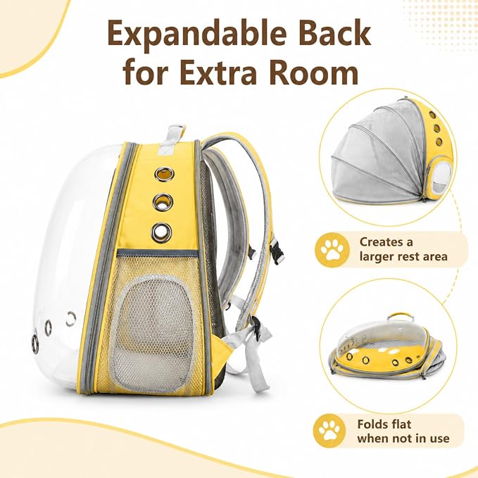 Cat Backpack Carrier Back Expandable Bubble Pet Carrier Backpack for Large Cat, Kitten and Dog, Designed for Hiking, Travelling and Outdoor Use (Back Expandable-Yellow)