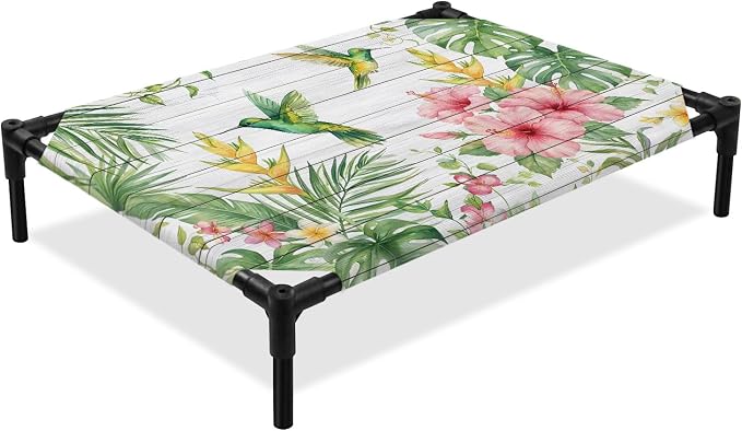 Outdoor Elevated Dog Bed for Large Dogs, Summer Hummingbirds Breathable Cooling Raised Dog Cot for Indoor/Outdoor, Farmhouse Floral Palm Leaves Wooden Waterproof Elevated Pet Beds, L 28 x 22 in