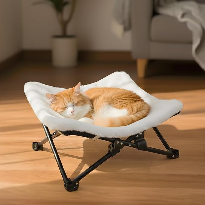 PETKARAY Foldable Cat Hammock Bed, Elevated Fluffy Kitty Lounge Furniture with Metal Frame, Raised Cat Hammock Chair for Indoor Cats