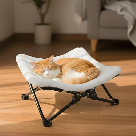 PETKARAY Foldable Cat Hammock Bed, Elevated Fluffy Kitty Lounge Furniture with Metal Frame, Raised Cat Hammock Chair for Indoor Cats