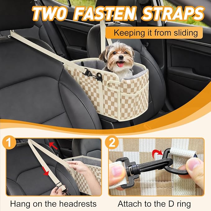 Console Dog Car Seat for Small Dogs, Foldable Booster Seat, Khaki Checkered | Portable Booster Seat Sits On Car Console/ Armrest. Foldable for Easy Storage. for Center Console, Easy To Clean.
