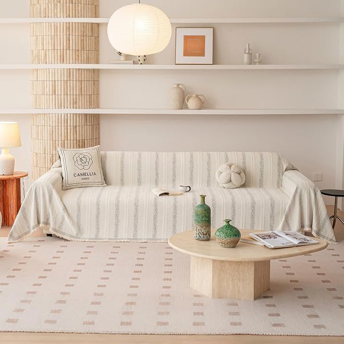 VClife Chenille Sofa Cover Bohemian Striped Pattern Couch Cover for 2 Cushion Sofa - Cream and Gray Textured Sofa Slipcover Washable Furniture Protector for Couch Decorative Couch Cushion Cover