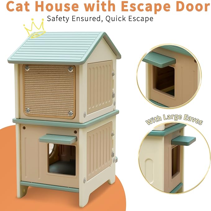 Outdoor Cat House with Liner, 100% Insulated Cat Houses for Winter Outside | 2 Story Waterproof Cat House for Outdoor Cats, Sturdy Cat Bowls & Scratch Pads, Clean Easily