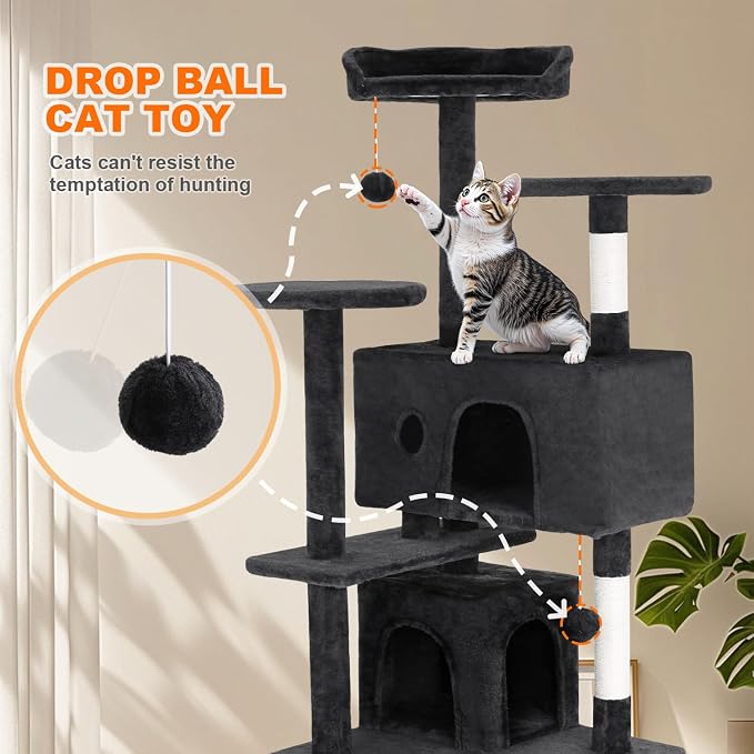 FDW Cat Tree 54in Cat Tower Multi-Level Durable Cat Scratching Post & Cozy Fun Cat Jumping Platform Space Saving Cat Condo Pet Play House for Indoor Cats,Grey