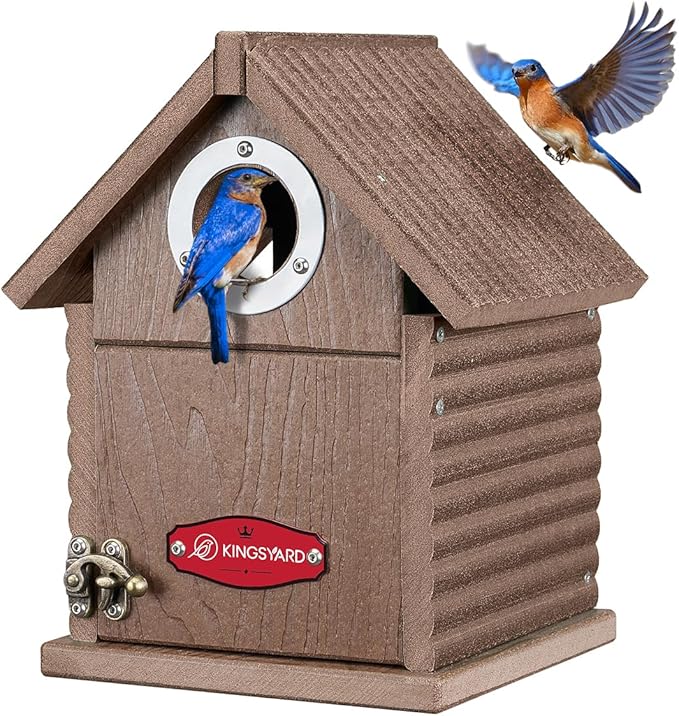 Kingsyard Recycled Plastic Bird House for Outdoors - Weatherproof Nesting Box with Clear View Panel & Predator Guard for Bluebird Wren Swallow Finch, Brown