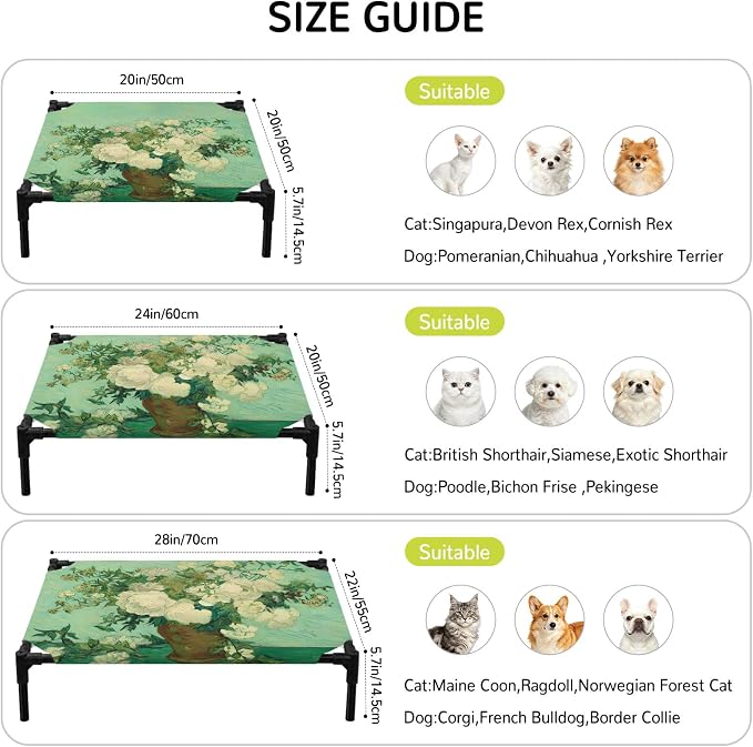 Outdoor Elevated Dog Bed for Medium Dogs, Botanical Flowers Breathable Cooling Raised Dog Cot for Indoor/Outdoor, Farmhouse Blossom Vase Floral Branches Waterproof Elevated Pet Beds, M 24 x 20 in