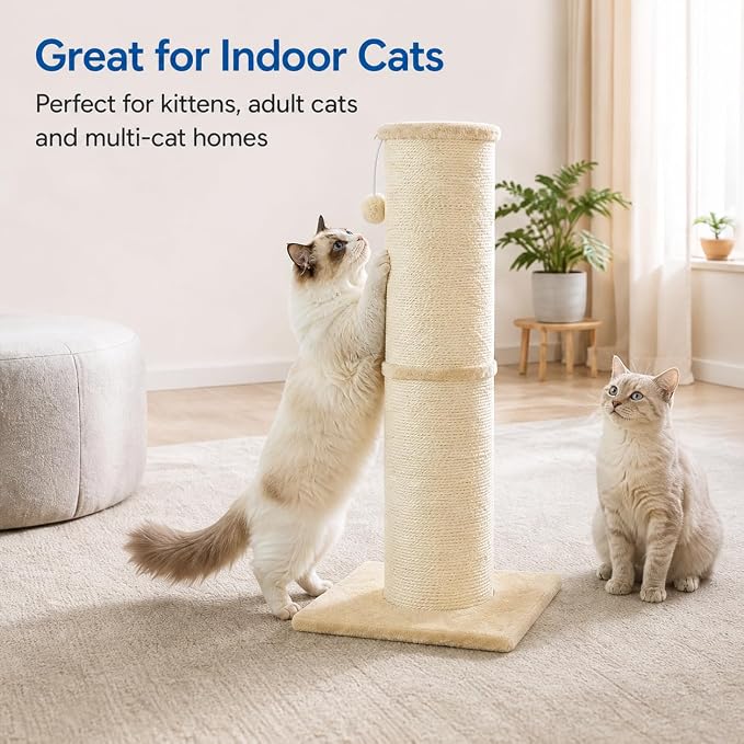 Sisal Cat Scratching Post for Indoor Cats & Kittens, 5.5" Diameter Heavy Duty Vertical Scratcher, 32 Inch Extra Tall Furniture Protector with Stable Base, Beige