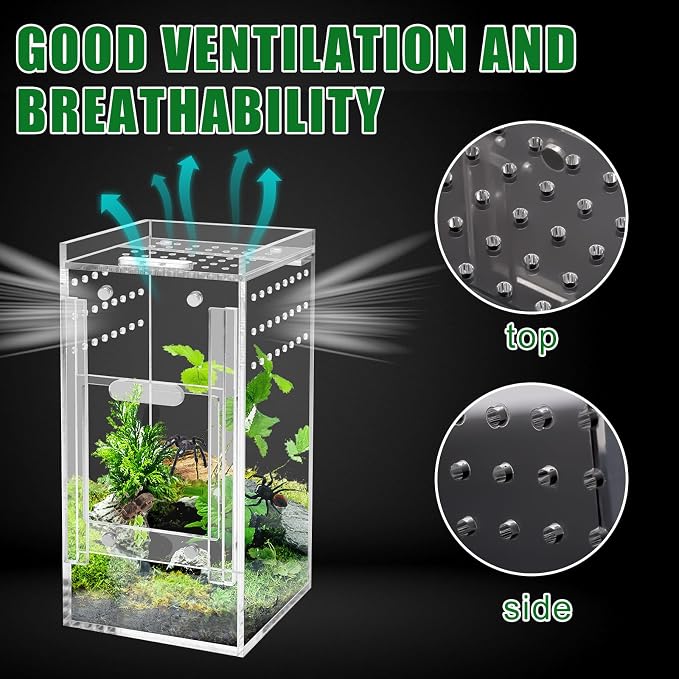Mini Spider Enclosure, Windspeed 3x3x6’’ Acrylic Terrarium with Ventilation Jumping Spider Enclosure Cage Portable Micro Habitat Terrarium for Tarantula Lizards Gecko with Tongs, Dropper