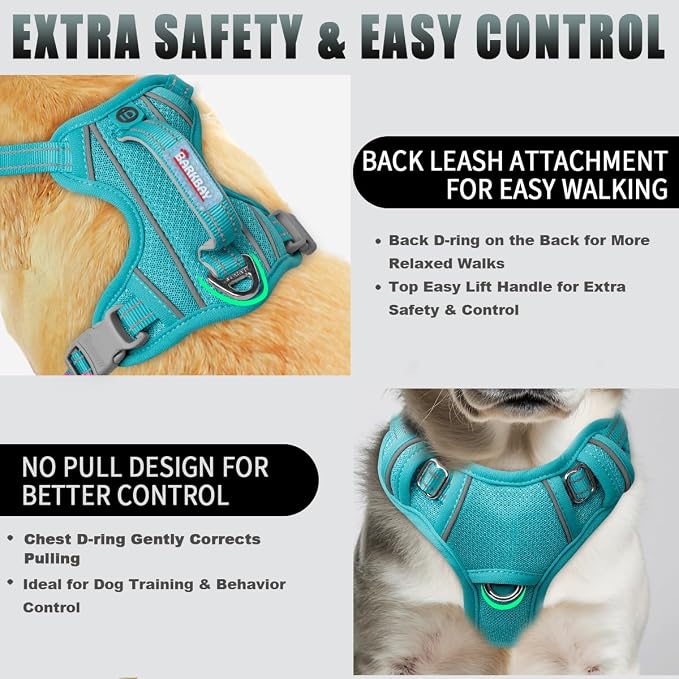 BARKBAY No Pull Dog Harness Large Reflective Dog Harness with Front Clip and Easy Control Handle for Walking Training Running with ID tag Pocket(Ocean Blue,S)