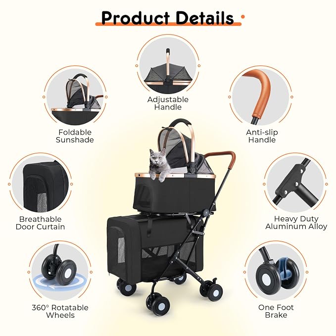 Double Pet Stroller for Small Medium Dogs - 4 In1 Dog Stroller for 2 Pets, Detachable and Foldable with 360°Rotating Wheels, Easy Assembly and Compact Size (Black)
