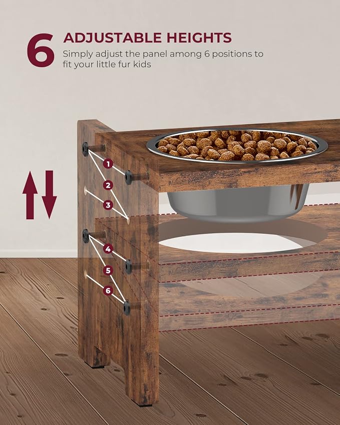 Elevated Dog Bowls, Raised Bowl Stand Adjustable Small, Rustic Brown | Particle Board Raised Feeder with 2 Stainless Steel Bowls, Adjustable Height for Small Puppies and Cats