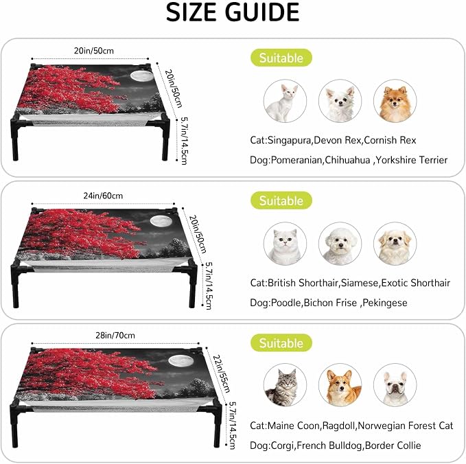 Outdoor Elevated Dog Bed for Large Dogs, Vibrant Red Tree Breathable Cooling Raised Dog Cot for Indoor/Outdoor, Glowing Moon Black Sky Waterproof Elevated Pet Beds, L 28 x 22 in